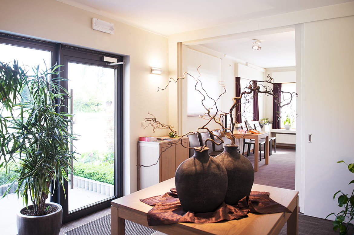 Ontvangstuimte met groot raam, grote plant naast het raam, tafel waarop 2 aarden kruiken staan